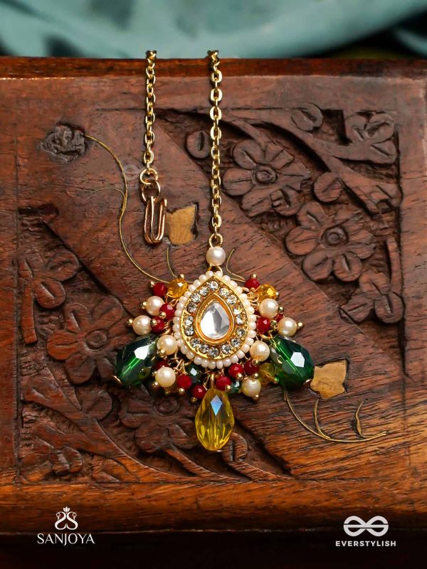 MRIDULYA - TENDER BEAUTY-  KUNDAN MAANGTIKA WITH DETAILED ROUND PENDANT, PEARLS AND BEADS