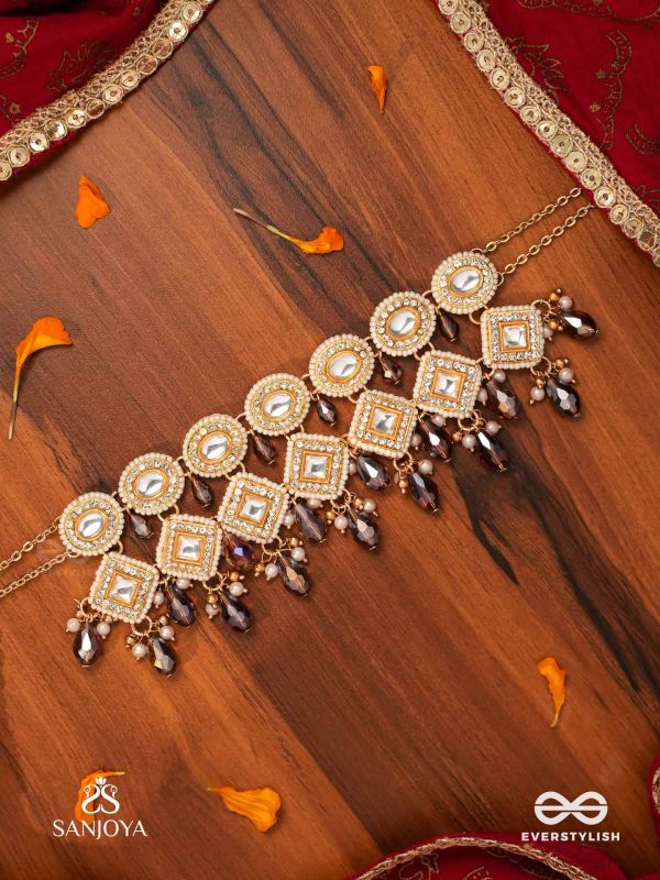 SHYAMALA - DUSKY QUEEN- GEOMETRIC POLKI NECKLACE WITH RICH GLASS DROPS AND PEARLS