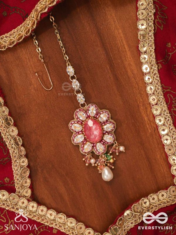 LALIMA - TINT OF PINK- HAND EMBROIDERED MAANGTIKA WITH PEARL DROPLETS AND GEMSTONES