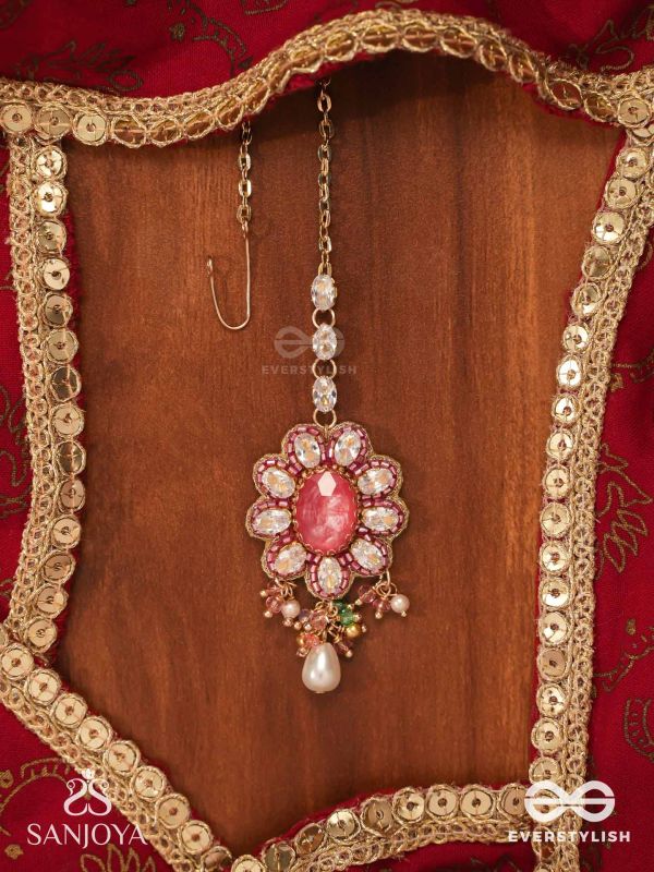 LALIMA - TINT OF PINK- HAND EMBROIDERED MAANGTIKA WITH PEARL DROPLETS AND GEMSTONES