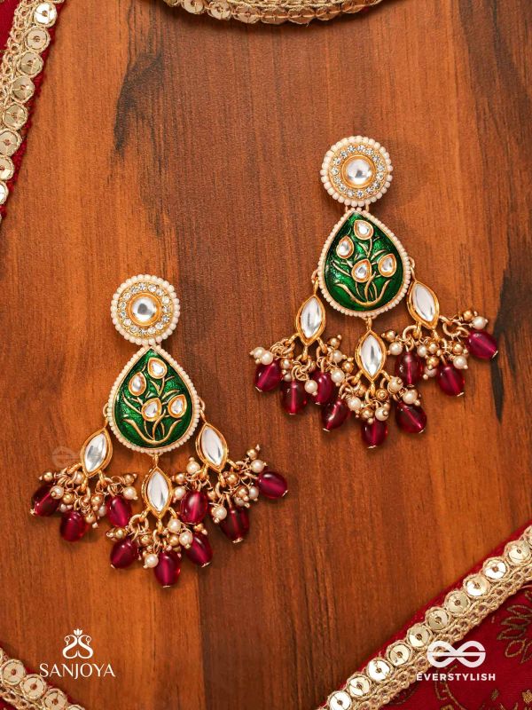 SINDURYA - SCARLET RAYS- GRAND CRESCENT ENAMEL KUNDAN EARRINGS WITH PEARLS AND BEADS