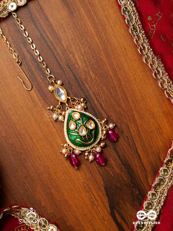 SINDURYA - SCARLET RAYS- GRAND CRESCENT ENAMEL KUNDAN MAANGTIKA WITH PEARLS AND BEADS