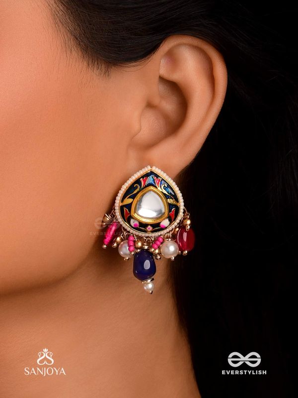 KUMUDRAAG - BLOOMING AT NIGHT-  INTRICATE ENAMELLED HANDCRAFTED KUNDAN EARRINGS WITH PEARLS AND BEADS
