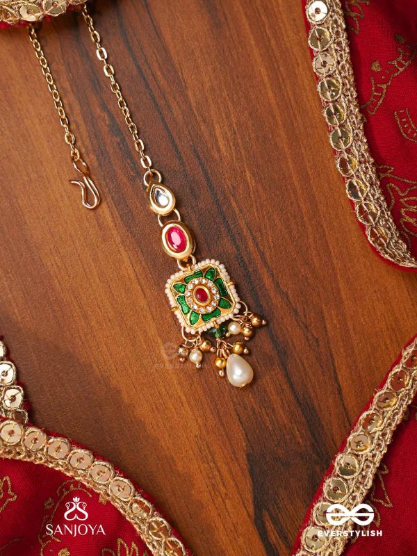 VANDEVI - GODDESS OF THE FOREST-  GRACEFUL KUNDAN MAANGTIKA WITH BEADS, DAINTY CHAINS AND PEARL DROPS