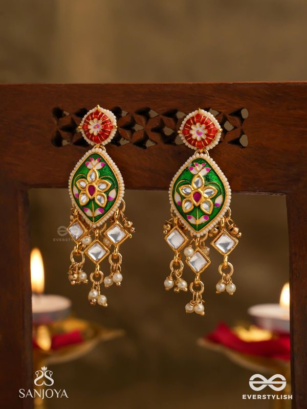 SHRINGARIKA - THE ADORNED ONE- ELEGANT PEARL EARRINGS WITH GREEN ENAMEL DROP, KUNDAN AND BEADS