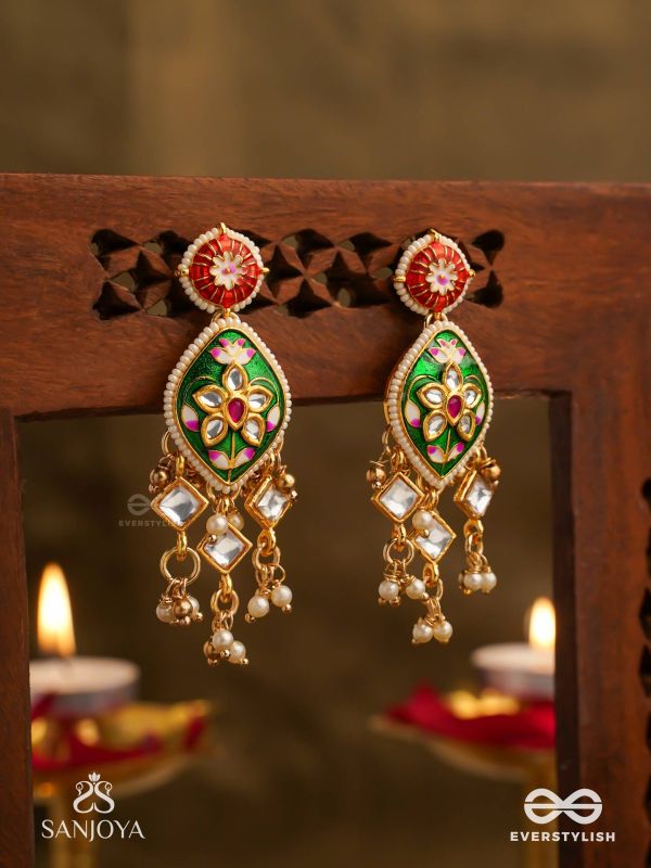 SHRINGARIKA - THE ADORNED ONE- ELEGANT PEARL EARRINGS WITH GREEN ENAMEL DROP, KUNDAN AND BEADS