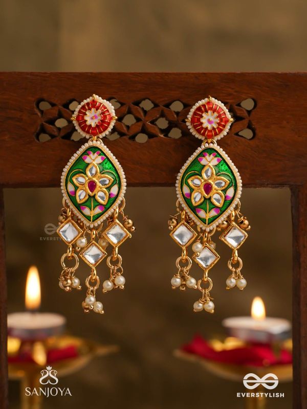 SHRINGARIKA - THE ADORNED ONE- ELEGANT PEARL EARRINGS WITH GREEN ENAMEL DROP, KUNDAN AND BEADS