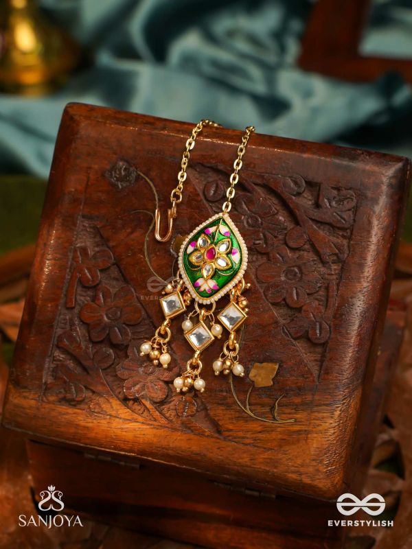 SHRINGARIKA - THE ADORNED ONE- ELEGANT PEARL MAANGTIKA WITH GREEN ENAMEL DROP, KUNDAN AND BEADS