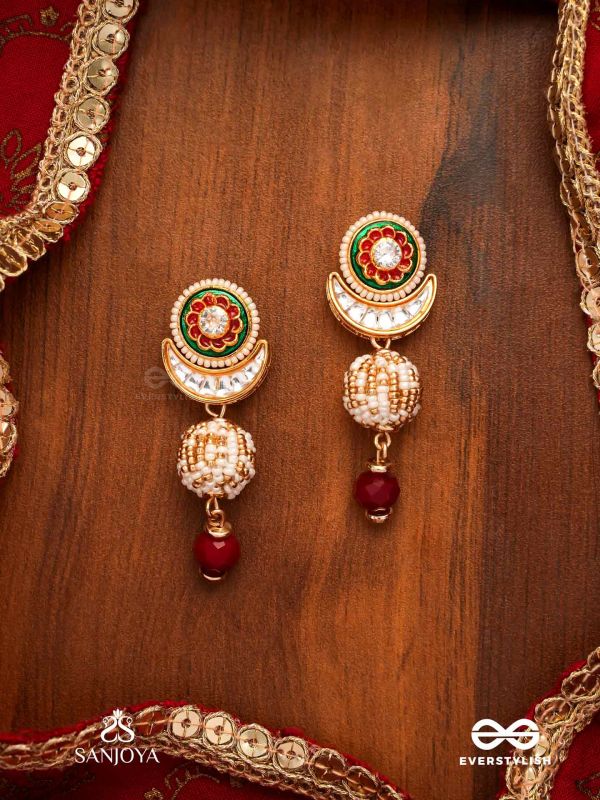 SHASHIRATNA - MOON GEM- MINIMALISTIC KUNDAN ENAMEL EARRINGS WITH FLORAL CENTER, PEARL SPHERES AND CELESTIAL DESIGN