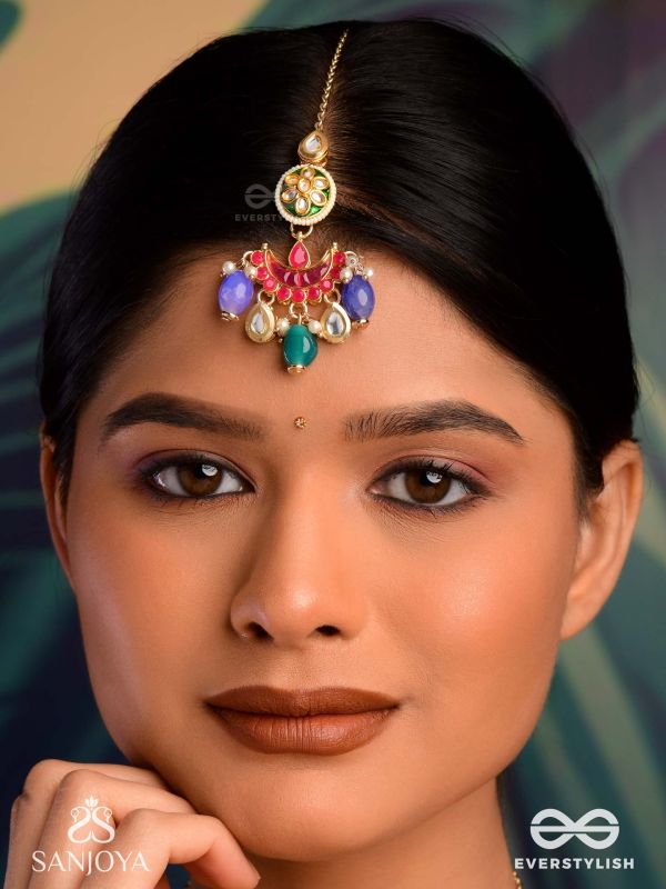 RANGAMAYA - FILLED WITH COLORS- INTRICATE KUNDAN CRESCENTS ENAMELLED MAANGTIKA WITH VIBRANT BEADED FRINGES AND PEARLS