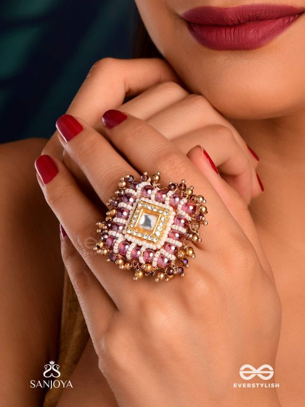 SHYAMALA - DUSKY QUEEN- GEOMETRIC POLKI RING WITH RICH GLASS DROPS AND PEARLS