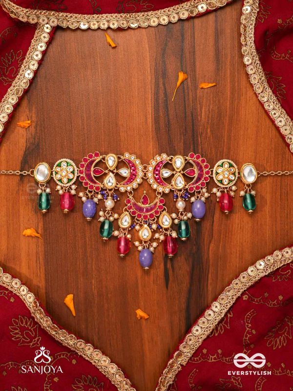RANGAMAYA - FILLED WITH COLORS- INTRICATE KUNDAN CRESCENTS ENAMELLED NECKPIECE WITH VIBRANT BEADED FRINGES AND PEARLS