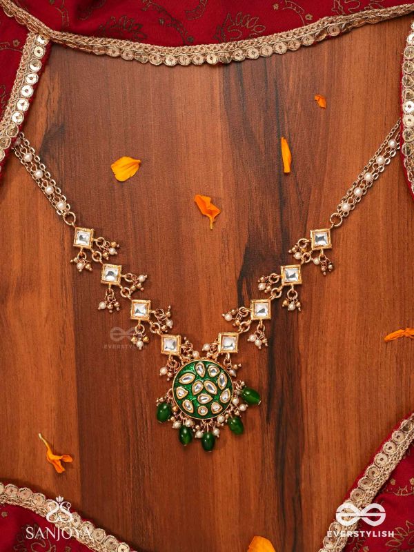 ARUNODAYA - DAWN RAYS- SYMMETRICAL KUNDAN POLKI NECKPIECE WITH EMERALD GREEN ENAMEL ACCENT, PEARLS AND BEADS