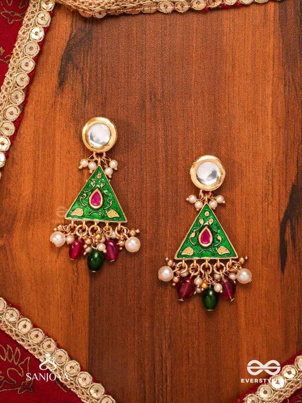 RANGLEKHA - LINES OF COLOR-  LAYERED GOLDEN CHAINED KUNDAN EARRINGS WITH VIBRANT GEM DROPS AND FLORAL ENAMELED EDGES