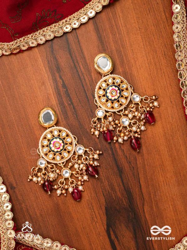 TRIBANDHURA - THREE-STRANDED BEAUTY-  KUNDAN EARRING WITH FLORAL ENAMELLED MEDALLIONS AND RUBY DROPS