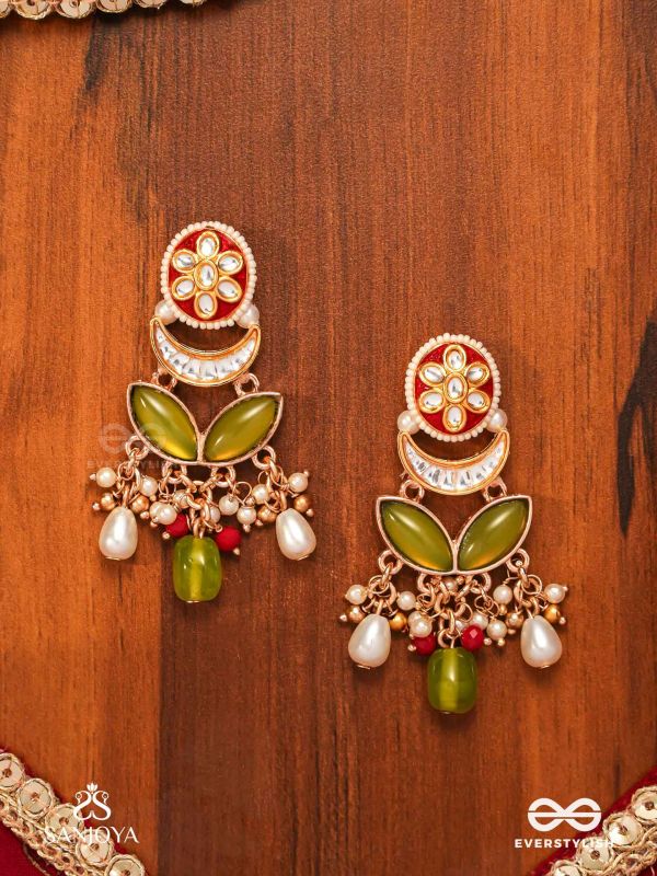TULSIRAGA - TOUCH OF TULSI- ELEGANT PEARL LAYERED EARRINGS WITH KUNDAN, GEMSTONE AND RICH RUBY DROPLETS