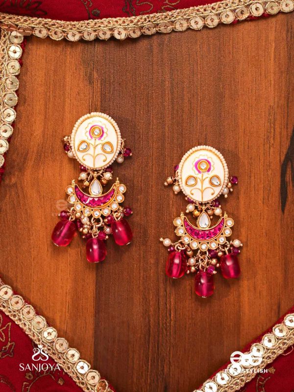 KAMALANGI - LOTUS-BODIED- FLORAL ENAMEL CENTRE DESIGN EARRINGS WITH TRIPLE CHAIN LAYERS AND RUBY BAEDS AND PEARLS