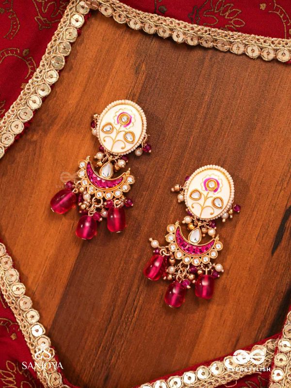 KAMALANGI - LOTUS-BODIED- FLORAL ENAMEL CENTRE DESIGN EARRINGS WITH TRIPLE CHAIN LAYERS AND RUBY BAEDS AND PEARLS
