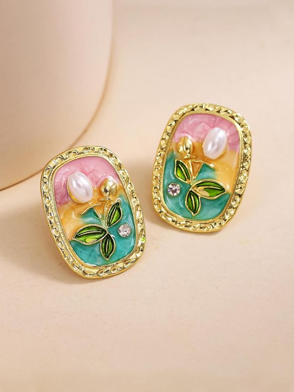 FLORAL MUSE- STATEMENT EARRINGS WITH EMBOSSED FLOWERS AND PEARLS