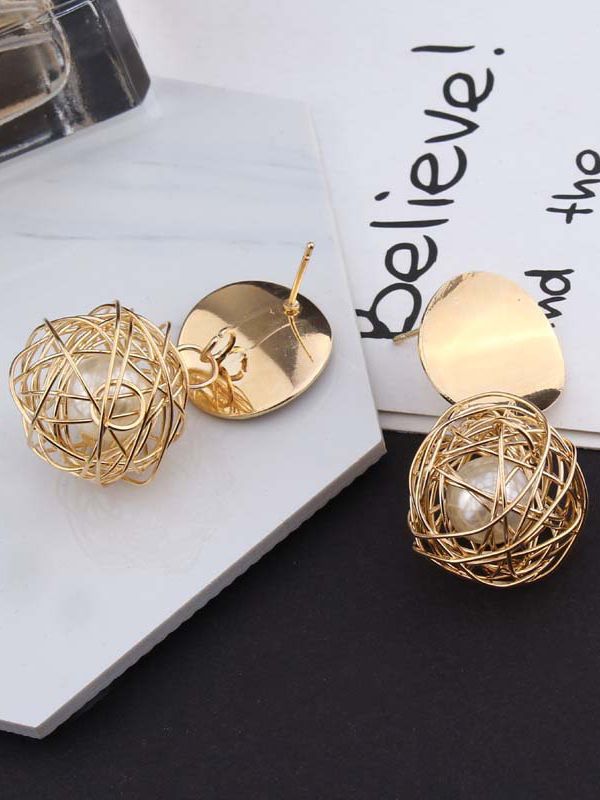 Mirror reflection- pearl in a cage of gold earrings
