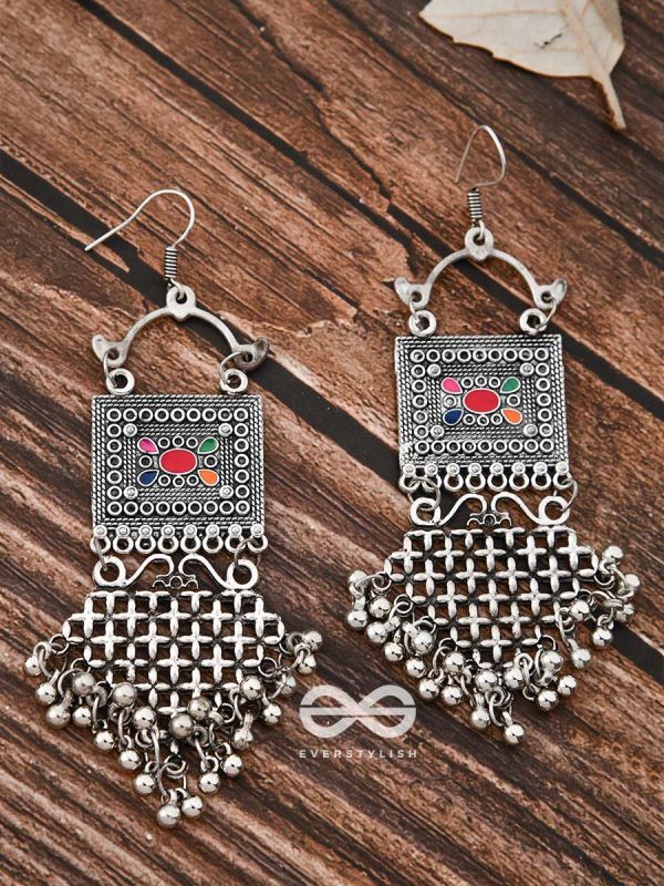 The Embellished Trunk Criss Cross Danglers (Multicolour) - Oxidised Boho Earrings