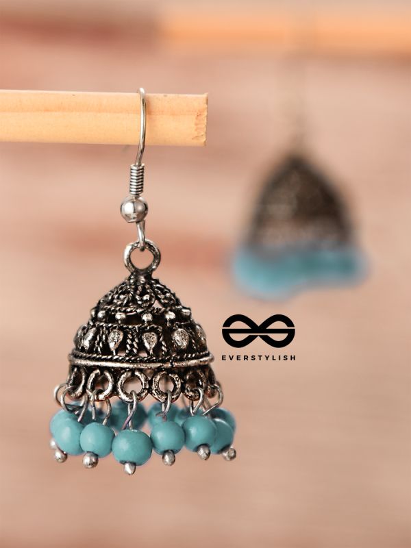 The Little Boho Oxidised Jhumkas (Blue) - Oxidised Boho Earrings