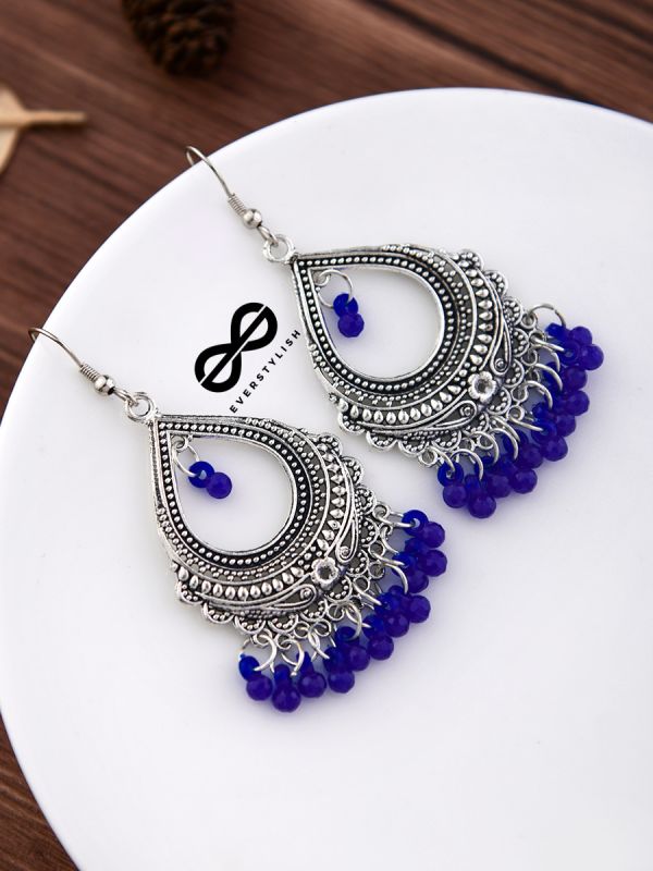 The Intricate Motif Drops (Royal Blue) - Oxidised Boho Earrings