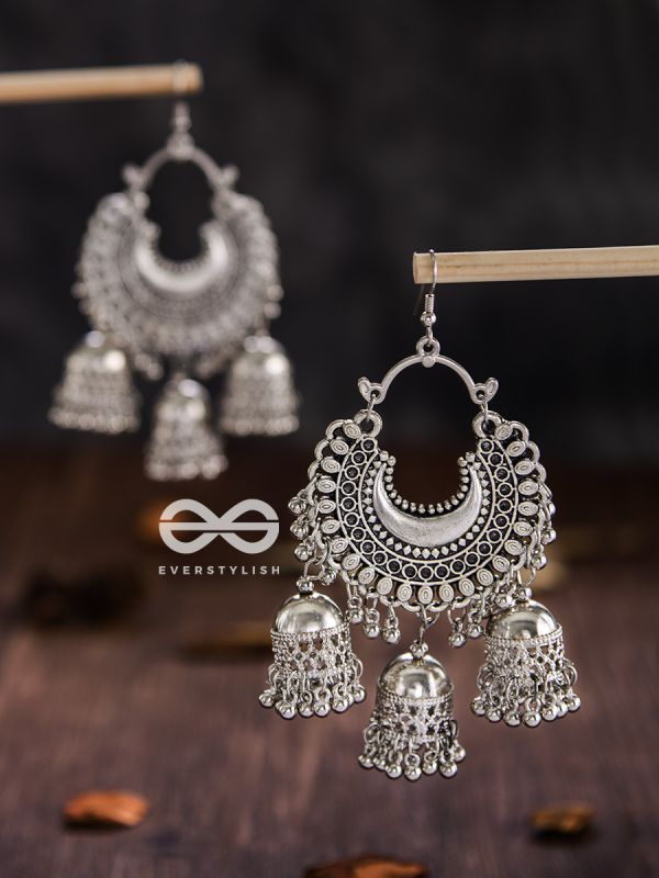 The Motif Moon Triple Jhumkas - Oxidised Boho Earrings
