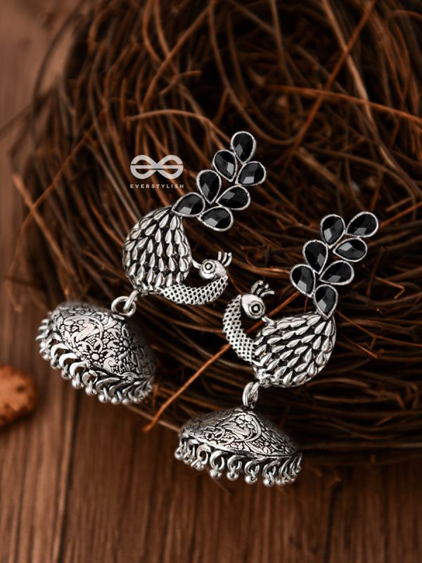 The Dancing Peacocks Engraved Jhumkis (Onyx Black) - Embellished Oxidised Collection