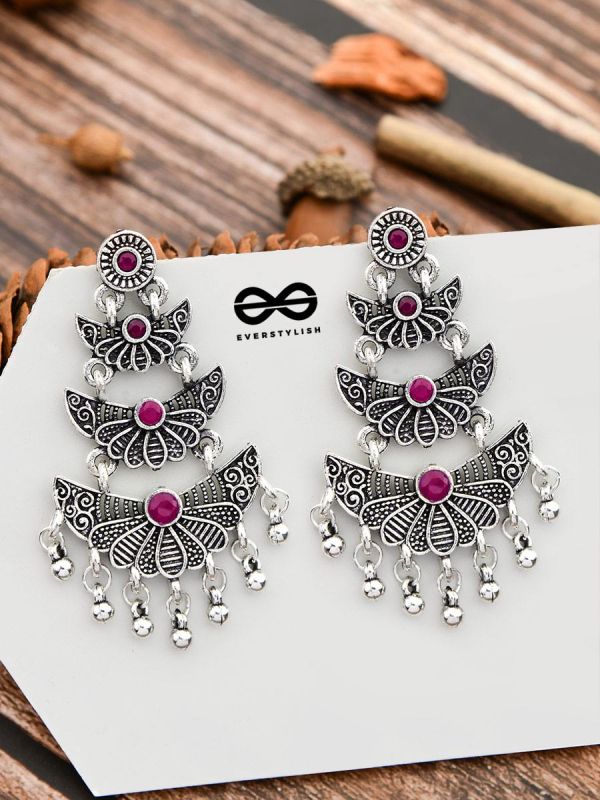 The Embellished Oxidised Collection - Triple Delight Earrings- Pink