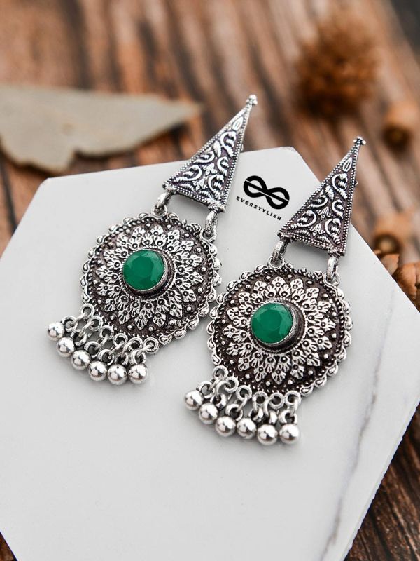 The Embellished Oxidised Collection - Intricate Geometry Earrings- Green