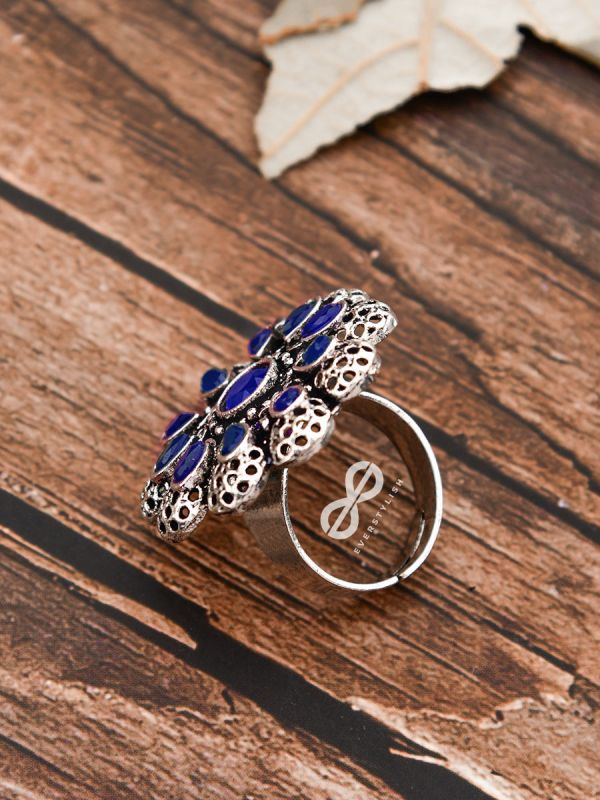 The Scarlett Ring (Adjustable) - Sapphire Blue - The Embellished Oxidised Collection