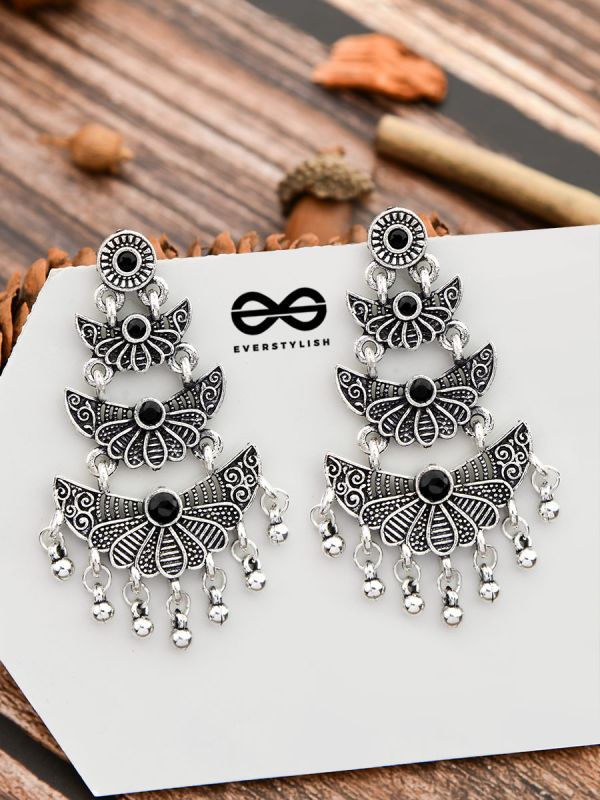 The Embellished Oxidised Collection - Triple Delight Earrings- Onyx Black