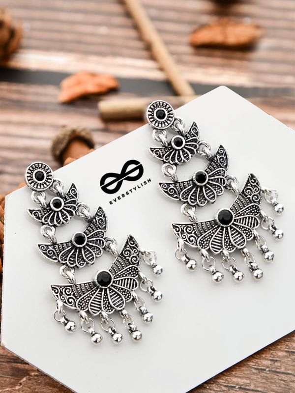 The Embellished Oxidised Collection - Triple Delight Earrings- Onyx Black