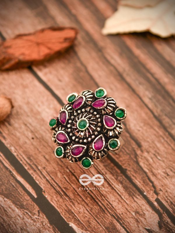 The Charlize Ring (Adjustable) - Ruby Emerald - The Embellished Oxidised Collection