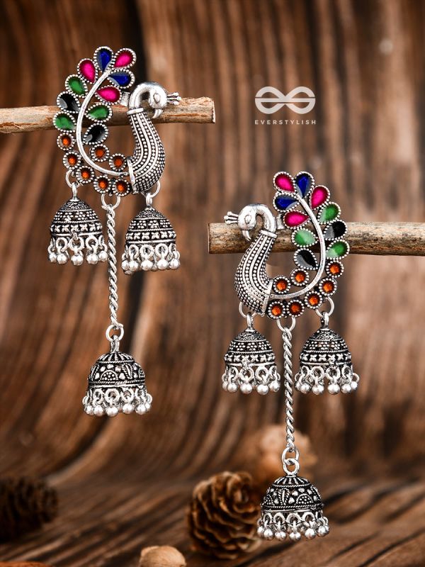 The Enamelled Peacocks Triple Jhumki Statement Earrings - Blue-Pink-Green-Brown