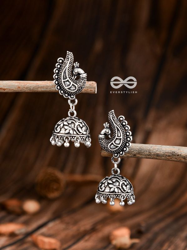 The Intricate Artistic Peacock Jhumkis - Oxidised Earrings