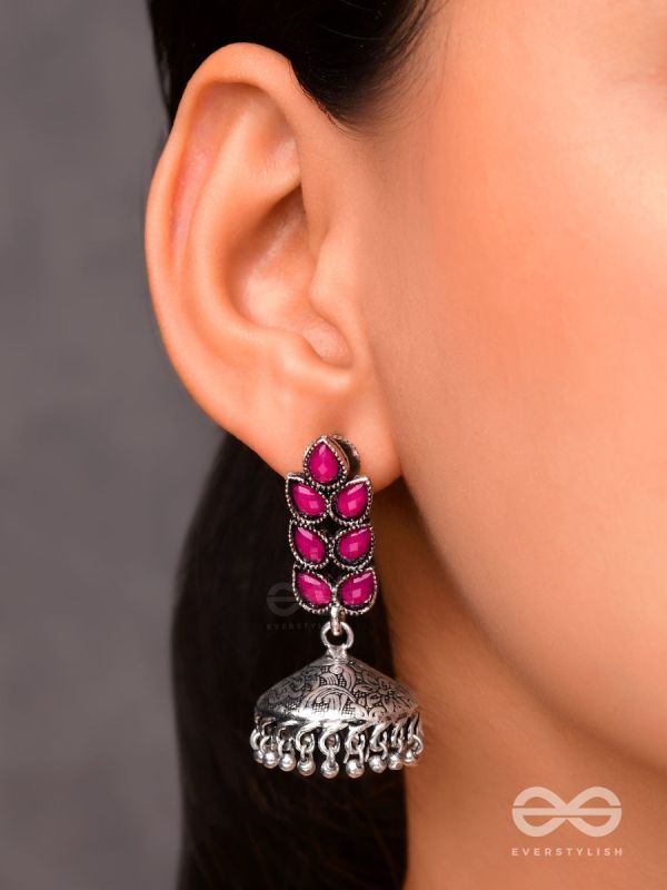 The Olive Branch Intricate Jhumkis - Ruby Red - The Embellished Oxidised Collection