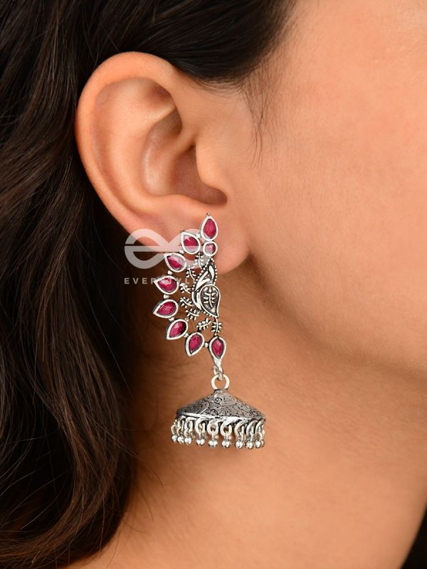 The Bohemian Elegance Floral Jhumkis (Ruby Red) - Oxidised Embellished Collection