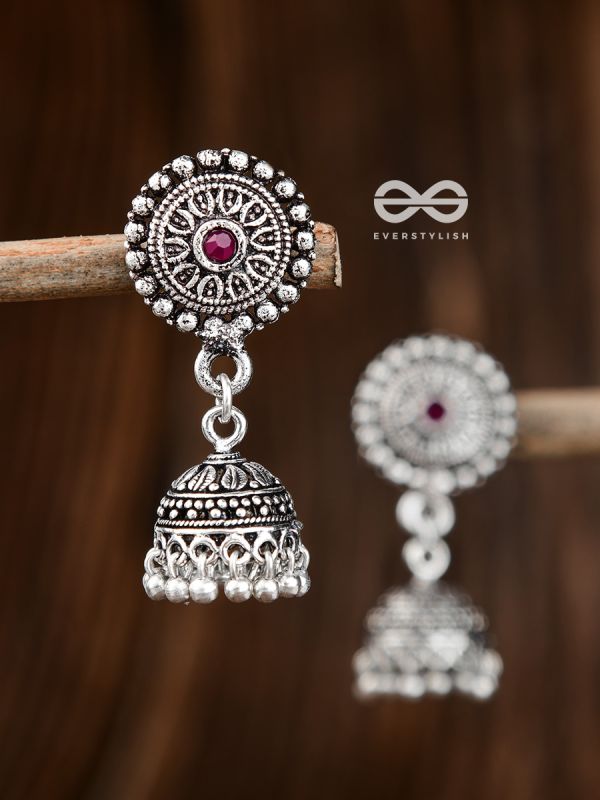 The Little Aztec Jhumkis (Ruby Red) - Embellished Oxidised Collection