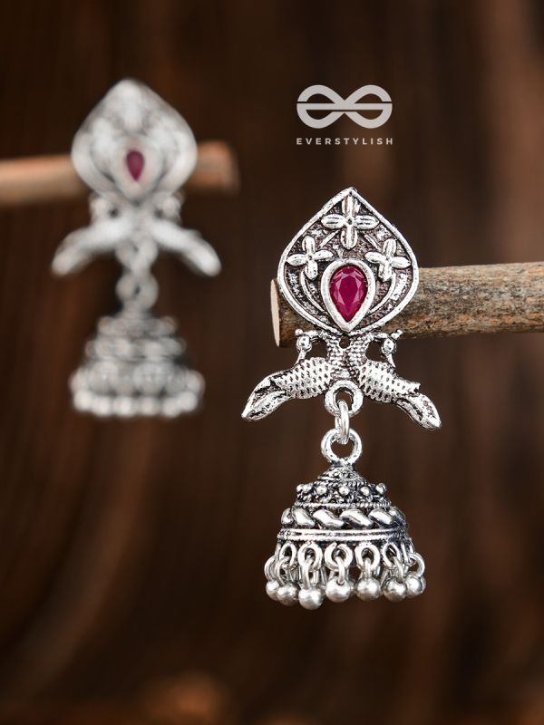 The Twin Peacock Artwork Jhumkis (Ruby Red) - Embellished Oxidised Collection