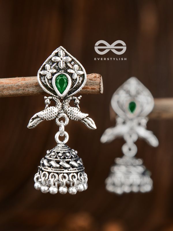 The Twin Peacock Artwork Jhumkis (Emerald Green) - Embellished Oxidised Collection