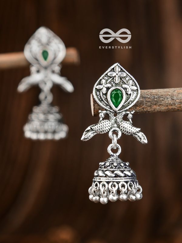 The Twin Peacock Artwork Jhumkis (Emerald Green) - Embellished Oxidised Collection