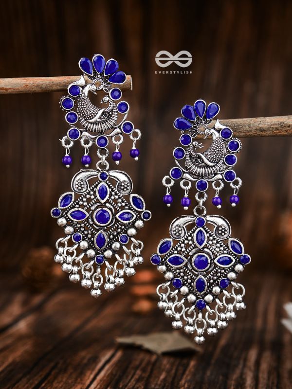 The Glimmering Peacock Statement Danglers (Sapphire Blue) - The Embellished Oxidised Collection