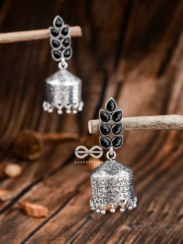 The Olive Branch Intricate Drum Jhumkis - Onyx Black- The Embellished Oxidised Collection