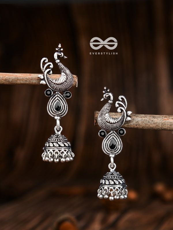 The Dangling Peacock Jhumkis - The Embellished Oxidised Collection