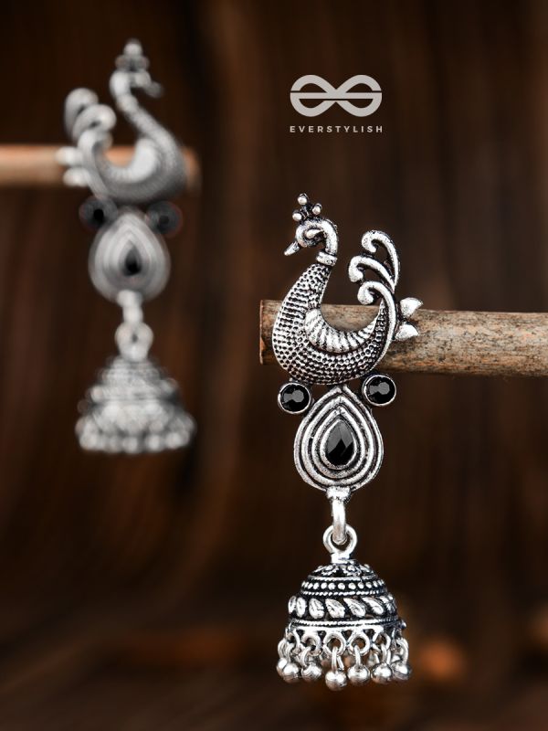 The Dangling Peacock Jhumkis - The Embellished Oxidised Collection