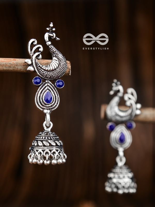The Dangling Peacock Jhumkis (Sapphire Blue) - The Embellished Oxidised Collection