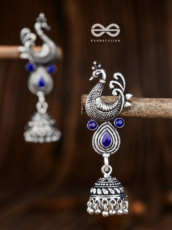 The Dangling Peacock Jhumkis (Sapphire Blue) - The Embellished Oxidised Collection