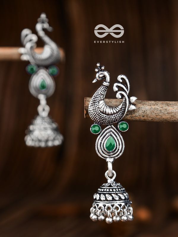 The Dangling Peacock Jhumkis (Emerald Green) - The Embellished Oxidised Collection